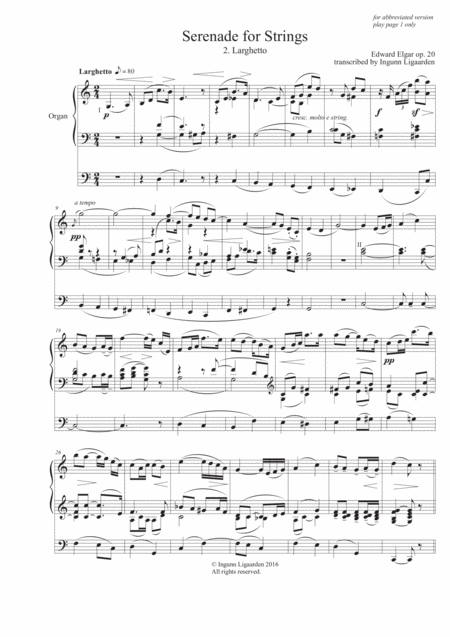 Elgar Serenade For Strings 2 Larghetto For Organ Solo Sheet Music