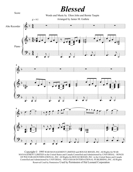 Free Sheet Music Elton John Blessed For Alto Recorder Piano