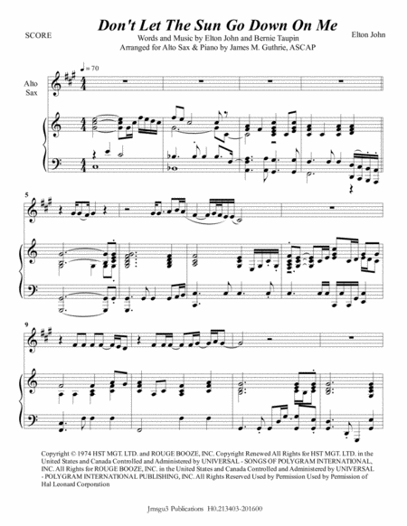 Free Sheet Music Elton John Dont Let The Sun Go Down On Me For Alto Sax Piano