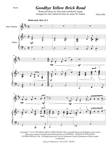 Elton John Goodbye Yellow Brick Road For Alto Clarinet Piano Sheet Music