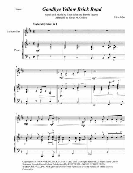 Elton John Goodbye Yellow Brick Road For Baritone Sax Piano Sheet Music