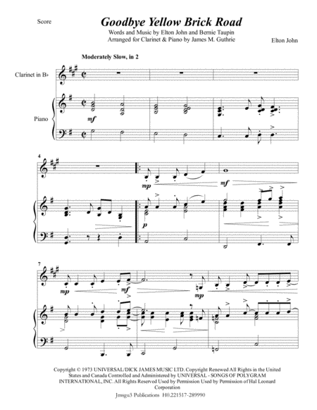 Free Sheet Music Elton John Goodbye Yellow Brick Road For Clarinet Piano