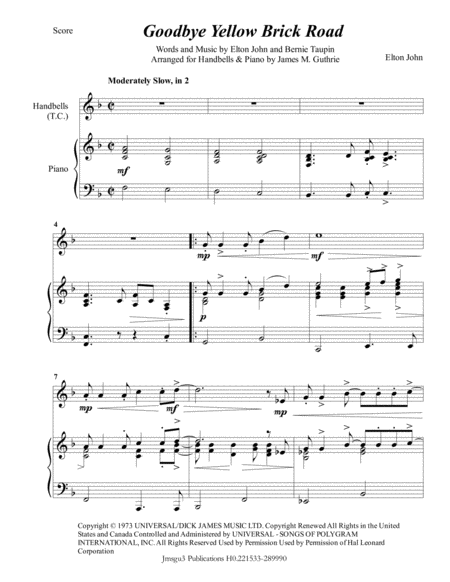 Elton John Goodbye Yellow Brick Road For Handbells Piano Sheet Music