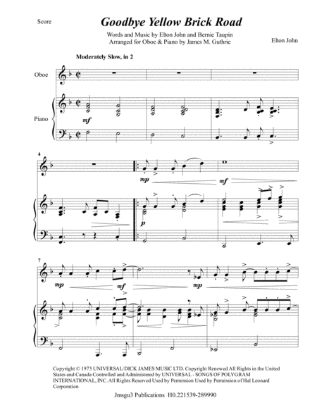 Elton John Goodbye Yellow Brick Road For Oboe Piano Sheet Music