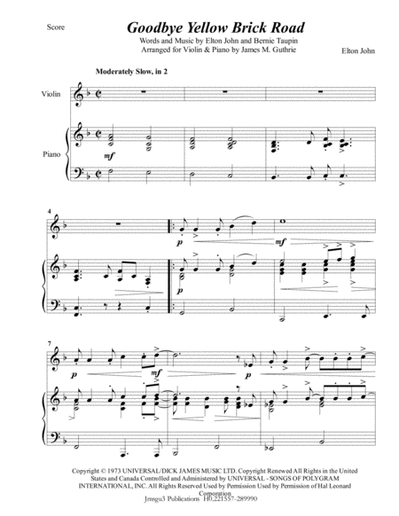 Elton John Goodbye Yellow Brick Road For Violin Piano Sheet Music