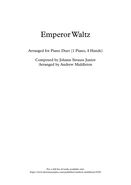 Emperor Waltz Arranged For Piano Duet Sheet Music