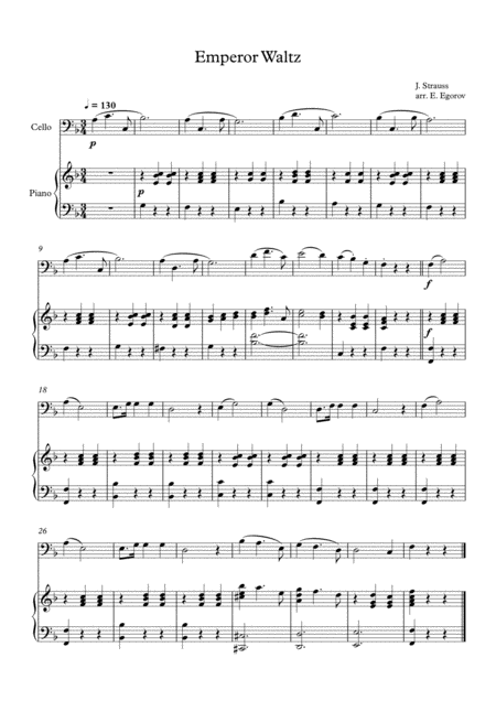 Emperor Waltz Johann Strauss Jr For Cello Piano Sheet Music