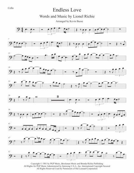 Endless Love Easy Key Of C Cello Sheet Music