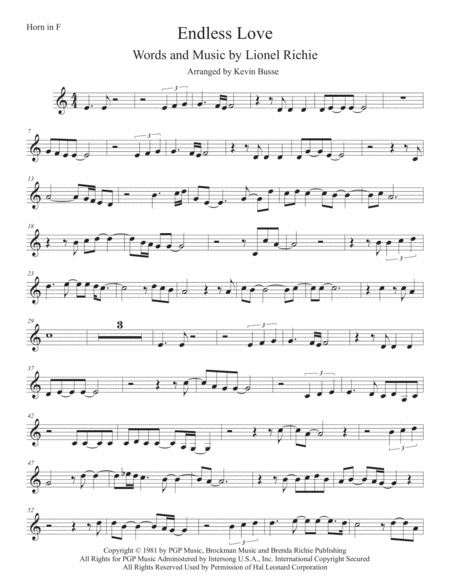 Endless Love Easy Key Of C Horn In F Sheet Music