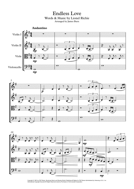 Free Sheet Music Endless Love For String Quartet