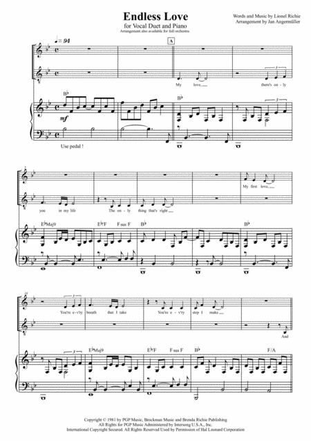 Free Sheet Music Endless Love Piano And Vocal Duet