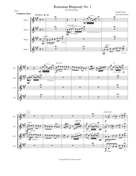 Enescu Romanian Rhapsody 1 For Flute Quartet Sheet Music