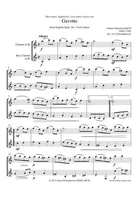 Free Sheet Music English Suite No 3 Gavotte Clarinet And Bass Clarinet