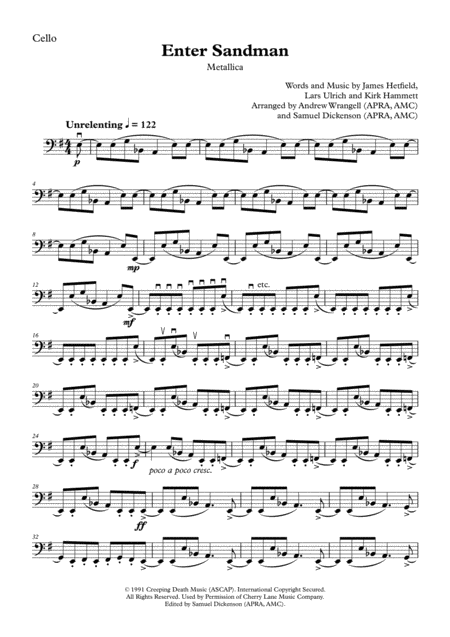 Enter Sandman Cello Sheet Music