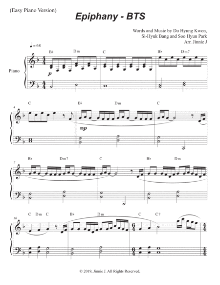 Free Sheet Music Epiphany Bts For Easy Piano