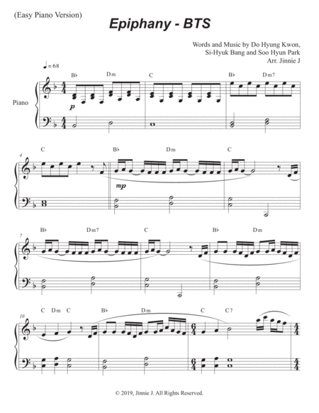 Epiphany Bts For Easy Piano Sheet Music