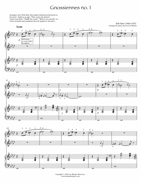 Free Sheet Music Erik Satie Gnossiennes No 1 For Piano Duet
