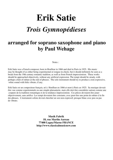 Erik Satie Trois Gynopdies Arranged For Soprano Saxophone And Piano Sheet Music