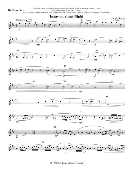 Free Sheet Music Essay On Silent Night Saxophone Quartet Tenor Sax Part