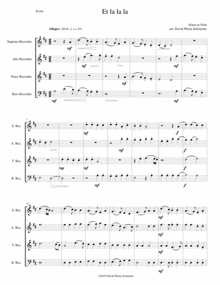 Free Sheet Music Et La La La For Recorder Quartet