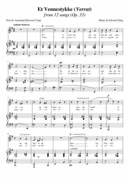 Et Vennestykke Verrat Grieg Medium High Voice Sheet Music