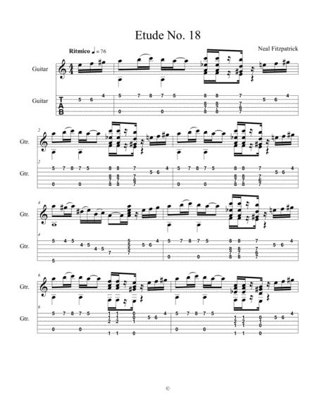 Etude No 18 For Guitar By Neal Fitzpatrick Tablature Edition Sheet Music