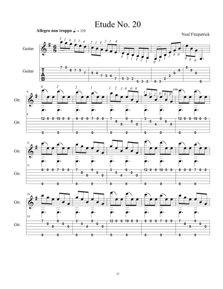 Free Sheet Music Etude No 20 For Guitar By Neal Fitzpatrick Tablature Edition