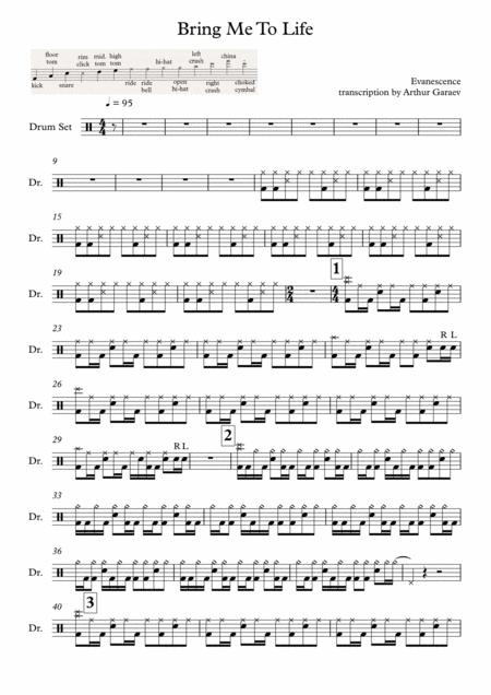 Free Sheet Music Evanescence Bring Me To Life Drum Sheet Music