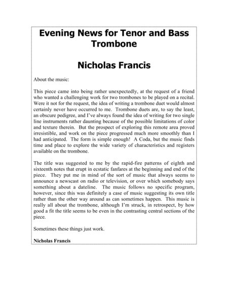 Evening News For Trombone Duet Sheet Music