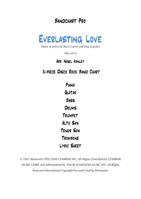 Everlasting Love 8pc Disco Rock Band Chart Sheet Music