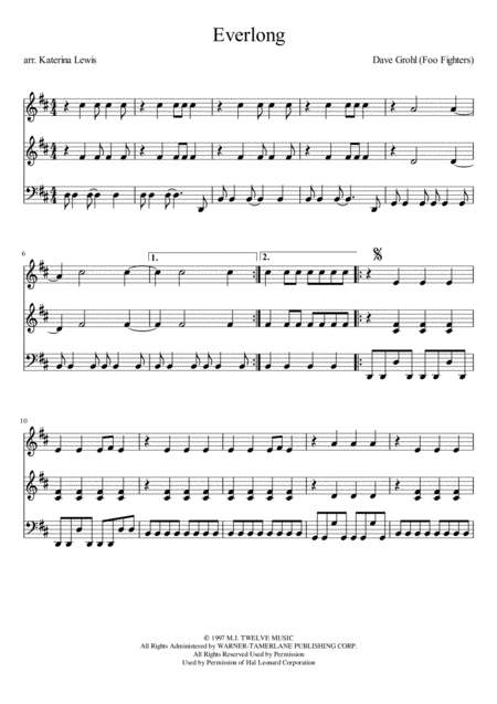 Free Sheet Music Everlong Violin 1 Violin 2 Cello