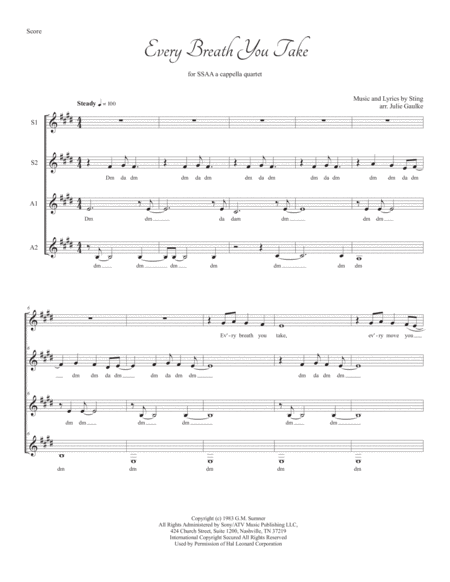 Free Sheet Music Every Breath You Take The Police For Ssaa A Cappella Quartet
