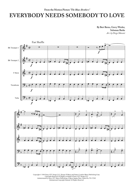 Free Sheet Music Everybody Needs Somebody To Love For Brass Quintet