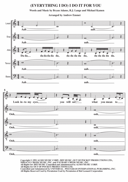 Free Sheet Music Everything I Do I Do It For You A Cappella