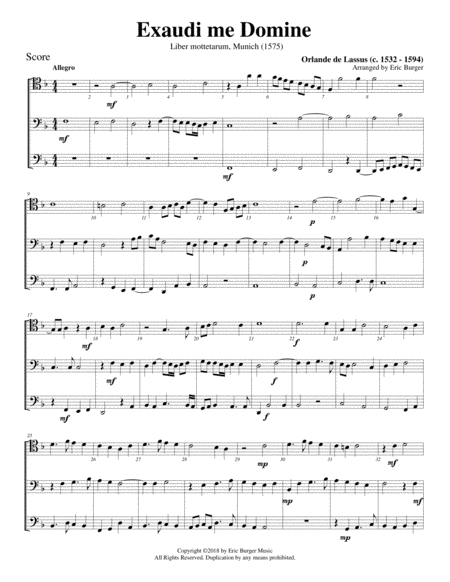 Free Sheet Music Exaudi Me Domine For Trombone Or Low Brass Trio