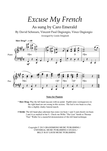 Free Sheet Music Excuse My French Caro Emerald Piano Vocal