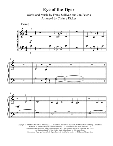 Eye Of The Tiger Pre Reading Piano With Note Names Sheet Music