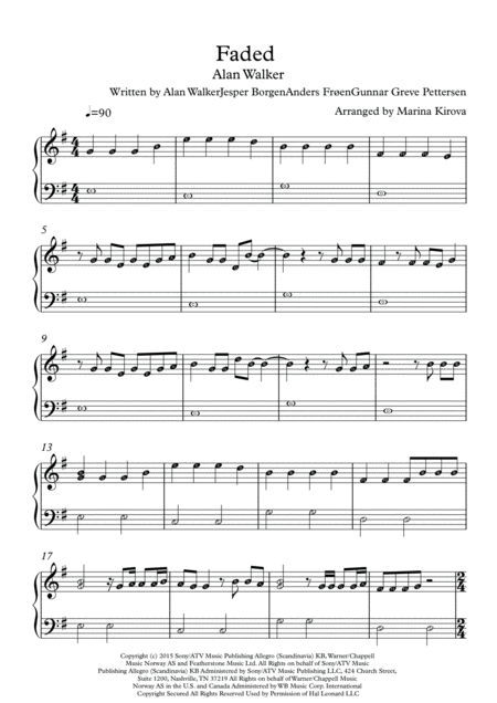 Free Sheet Music Faded By Alan Walker With Note Names In Easy To Read Format