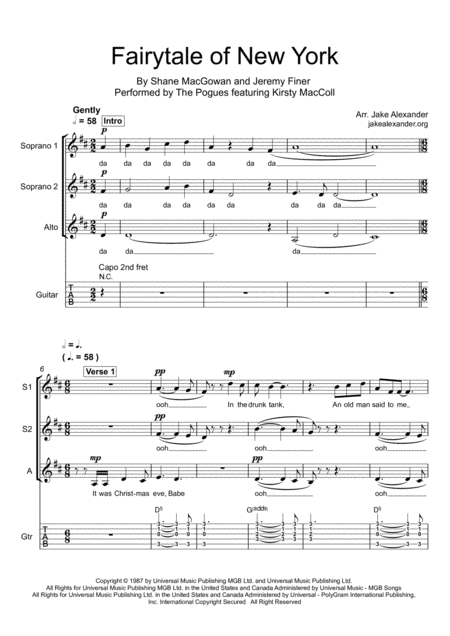 Free Sheet Music Fairytale Of New York Ssa With Guitar