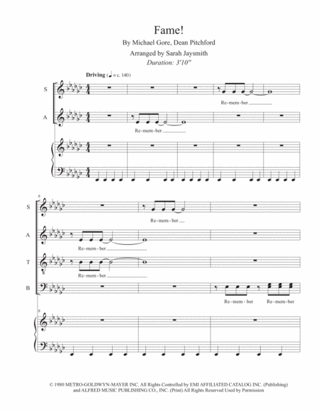 Free Sheet Music Fame By Irene Cara Satb With Piano Arranged By Sarah Jaysmith