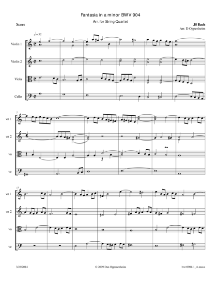 Fantasia In A Minor Bwv 904 Arr For String Quartet Sheet Music