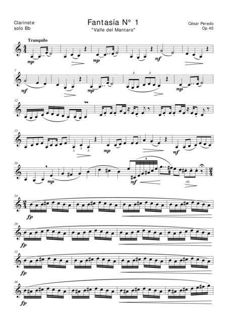 Fantasia N 1 Para Clarinete Solo Valle Del Mantaro Sheet Music