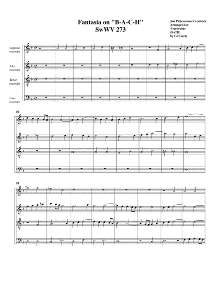 Free Sheet Music Fantasia On B A C H Swwv 273 Arrangement For 4 Recorders