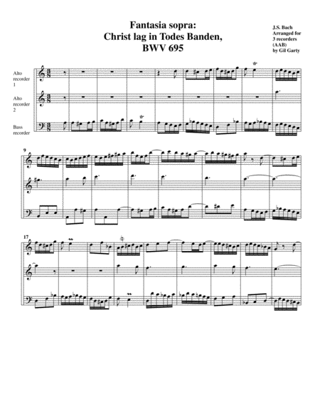 Fantasia Sopra Christ Lag In Todes Banden Bwv 695 For Organ From Kirnberger Chorales Arrangement For 3 Recorders Sheet Music