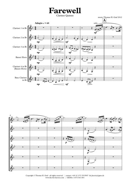 Free Sheet Music Farewell Sad Ballad Clarinet Quintet