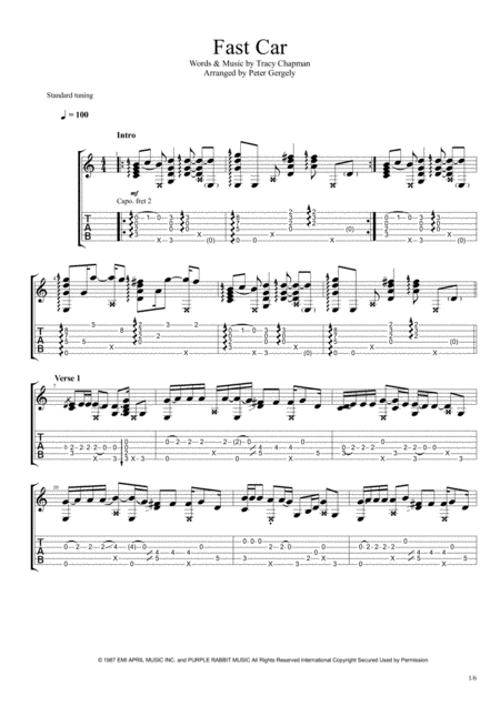 Fast Car Fingerstyle Guitar Sheet Music