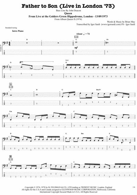 Free Sheet Music Father To Son Live In London 73 Queen John Deacon Complete And Accurate Bass Transcription Whit Tab