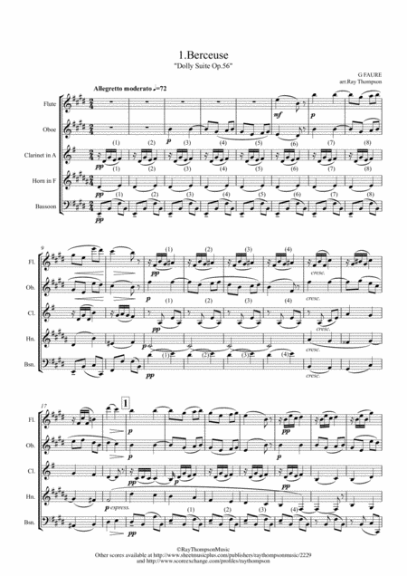 Faur Dolly Suite Op 56 Mvt 1 Berceuse Original Key Wind Quintet Sheet Music