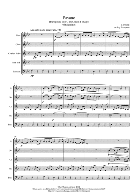 Faur Pavane Op 50 Transposed Into G Minor Wind Quintet Sheet Music