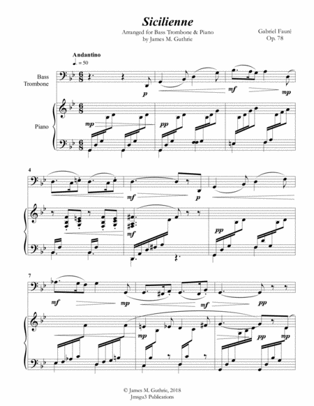 Free Sheet Music Faur Sicilienne For Bass Trombone Piano